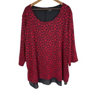 Catherines Womens Red & Black Lace Overlay Tunic Top With Sheer Hemline Size 3X